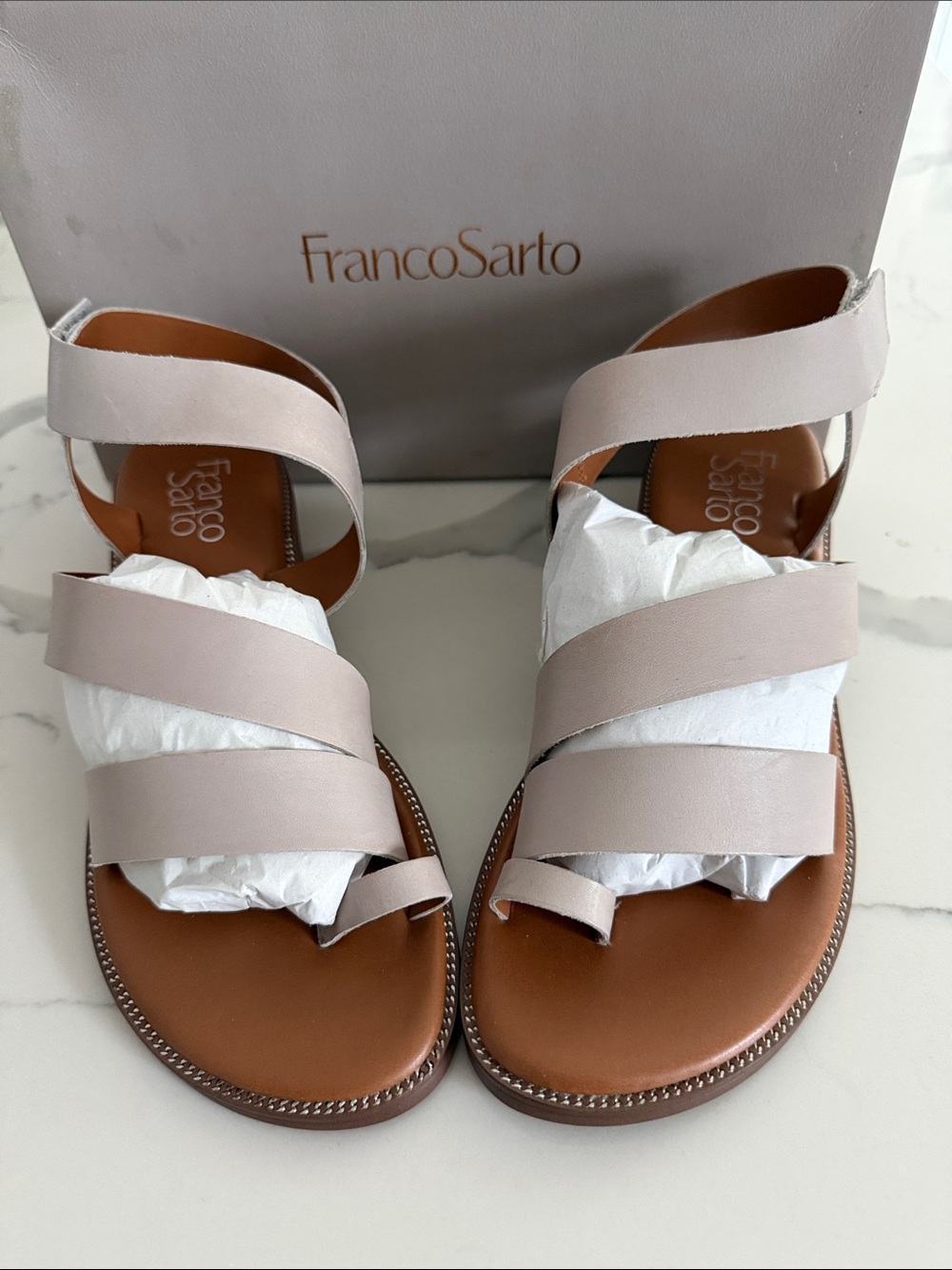 Franco Sarto Gray/Taupe Multi-Strap Leather Sandals. Size 7.5